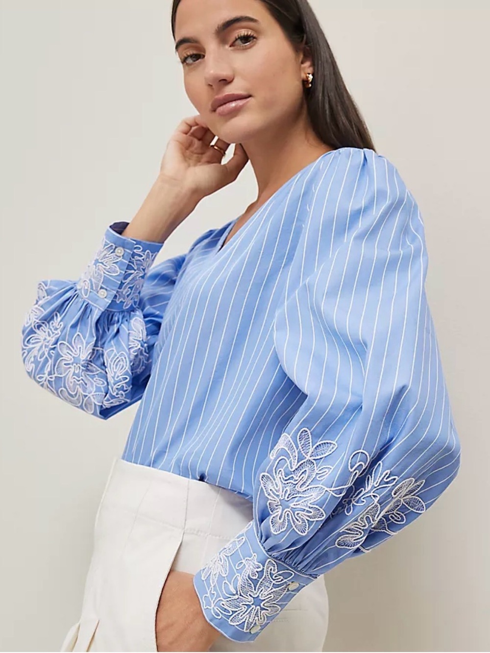 Ann Taylor Blue Pinstripe Blouse with Embroidered Balloon Sleeves